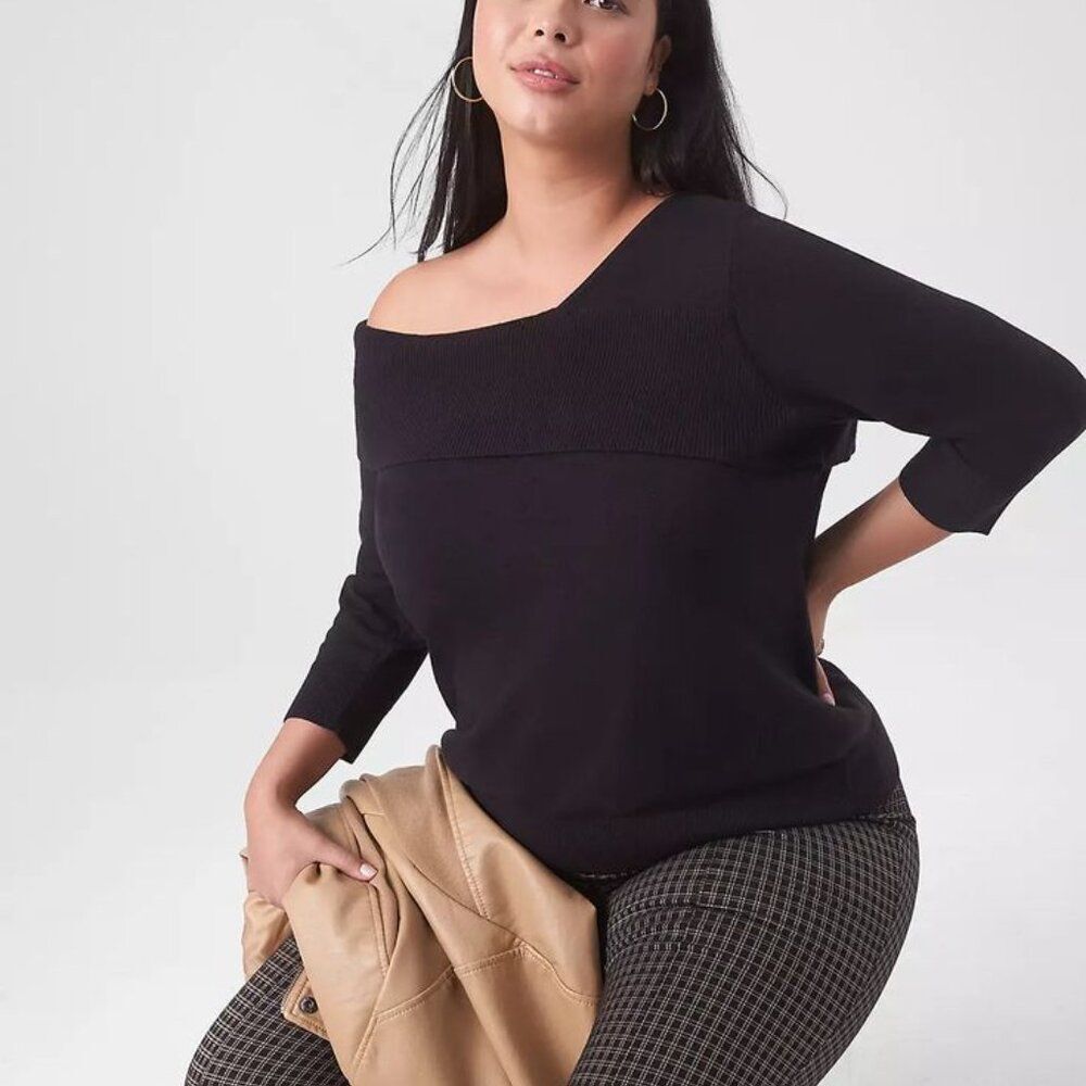 Lane Bryant Fitted Medium-Sleeve Asymmetrical-Neck Pullover Black Size 18-20